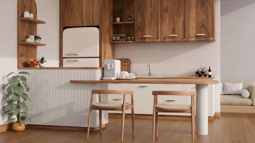 Cozy Scandinavian home kitchen in white and wood style with wood table bar, fridge, wood cabinet